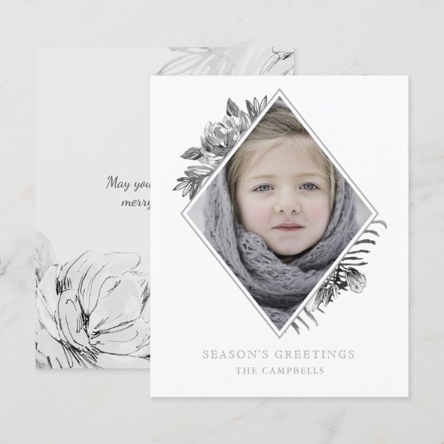 Budget Gray Botanical Elegant Photo Holiday Card (Front/Back)