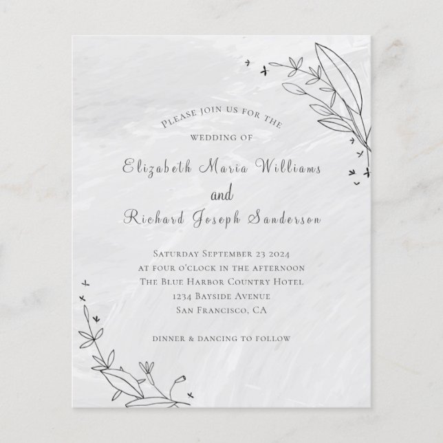 Budget Gray Floral Line Art  Wedding Invitation (Front)