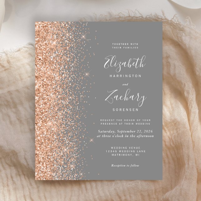 Budget Gray Peach Glitter Wedding Invitation (Creator Uploaded)