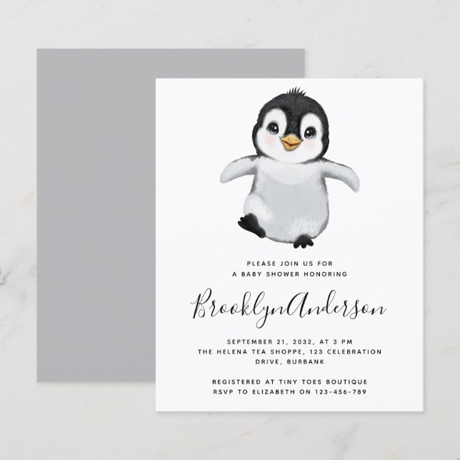 BUDGET Gray Penguin Baby Shower Invitation (Front/Back)
