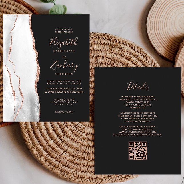 Budget Gray Rose Gold Agate Dark QR Code Wedding (Creator Uploaded)