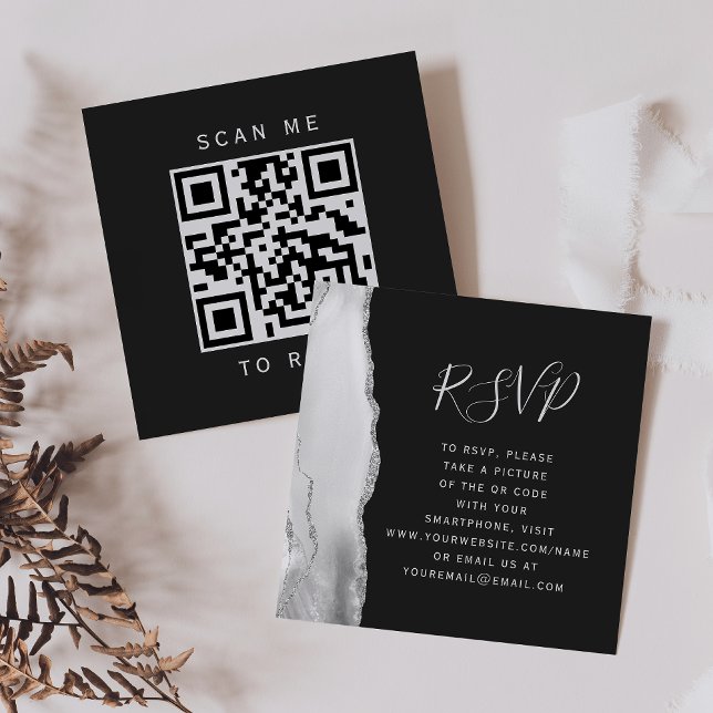 Budget Gray Silver Agate Dark Wedding QR Code RSVP Enclosure Card (Creator Uploaded)