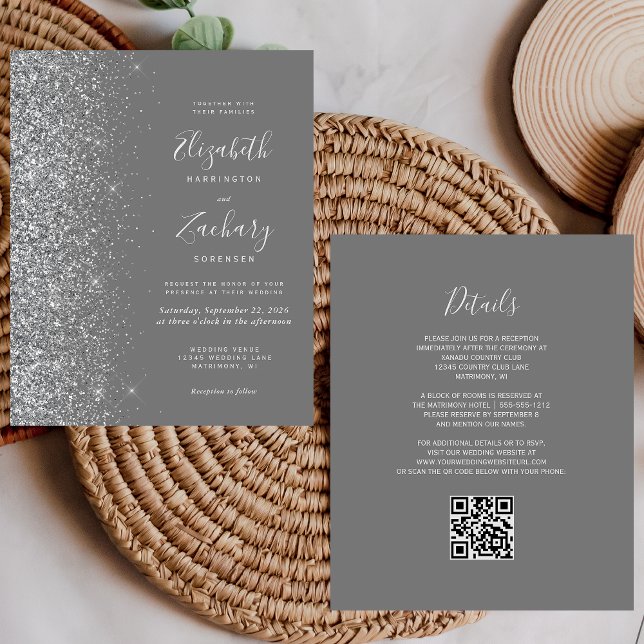 Budget Gray Silver Glitter QR Code Wedding Invite (Creator Uploaded)