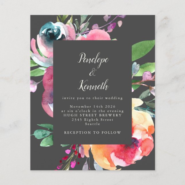 Budget Gray Watercolor Floral Elegant Wedding (Front)