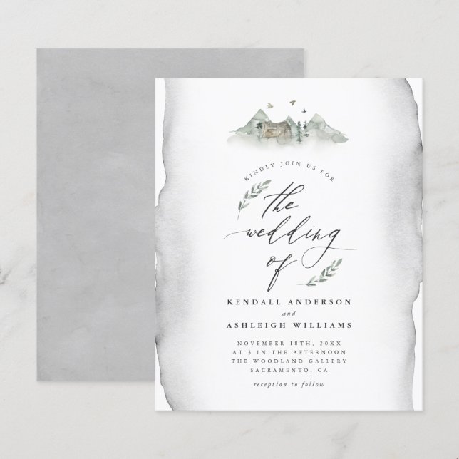 Budget Gray Watercolor Leaves & Mountain Wedding (Front/Back)