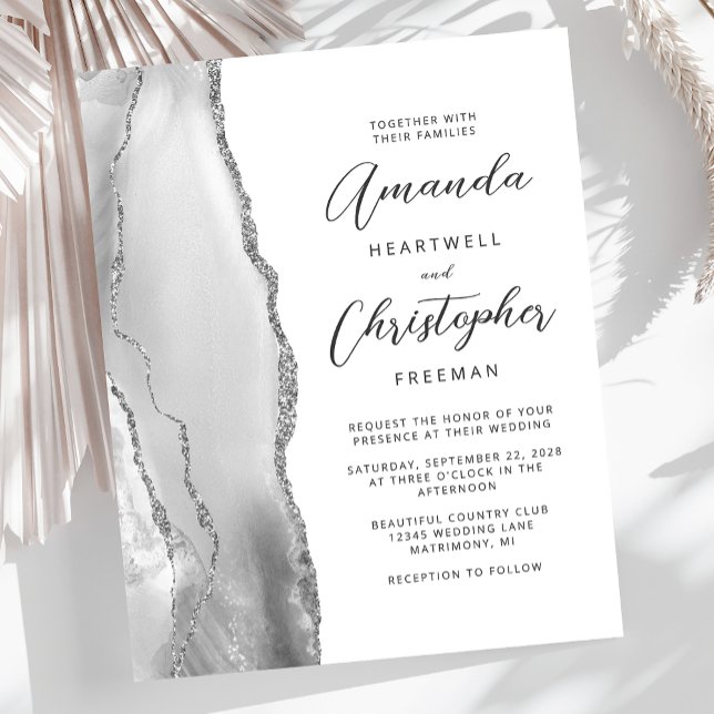 Budget Gray White Silver Agate Wedding Invitation (Creator Uploaded)