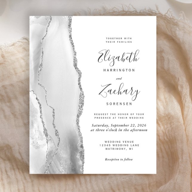 Budget Gray White Silver Agate Wedding Invitation (Creator Uploaded)
