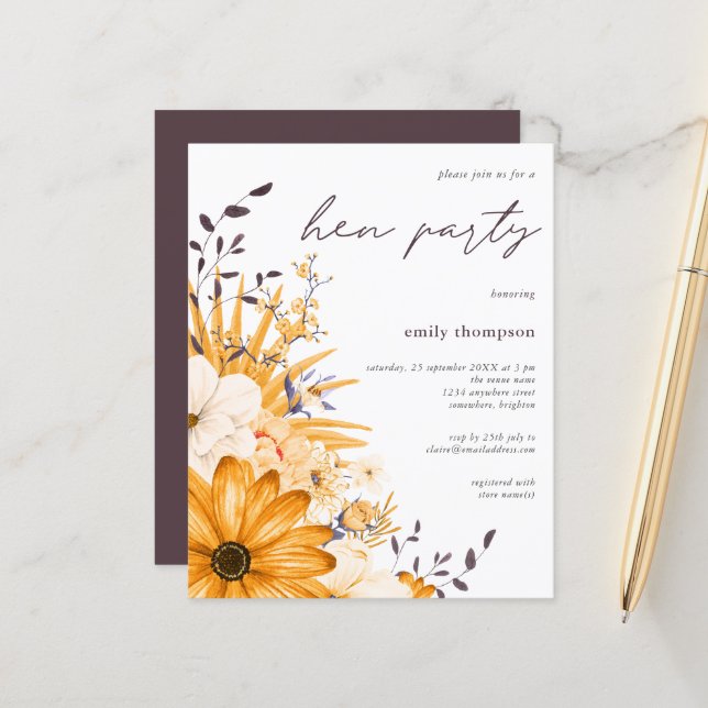 Budget Gray Yellow Floral Hen Party Invitation (Front/Back In Situ)