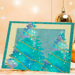 Budget Green and Gold Glittering Christmas Trees Holiday Card