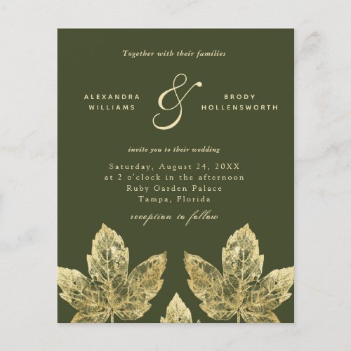Budget Green And Gold Rustic Leaves Wedding Invite