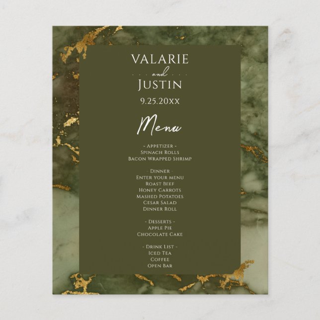 Budget Green and Gold Wedding Menu Flyer (Front)