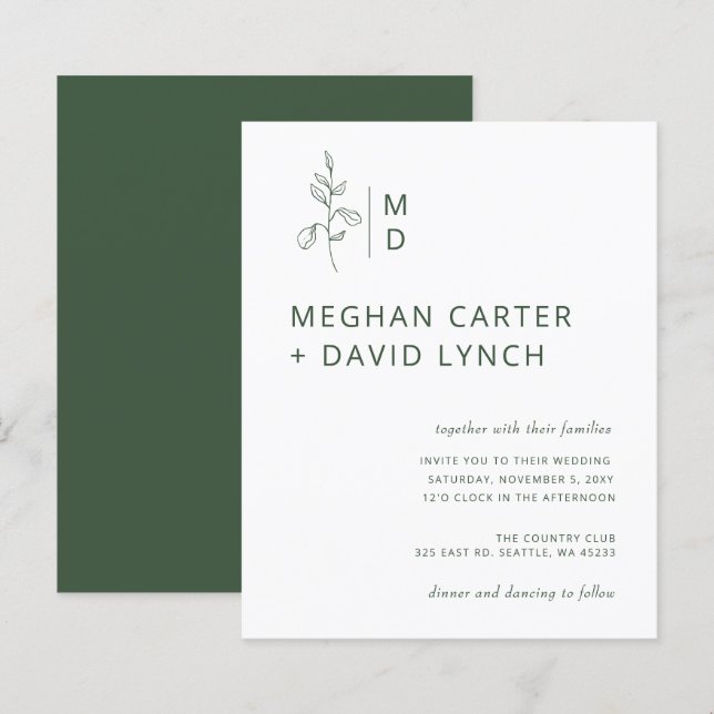 Budget Green Botanical Monogram Wedding Invitation (Front/Back)