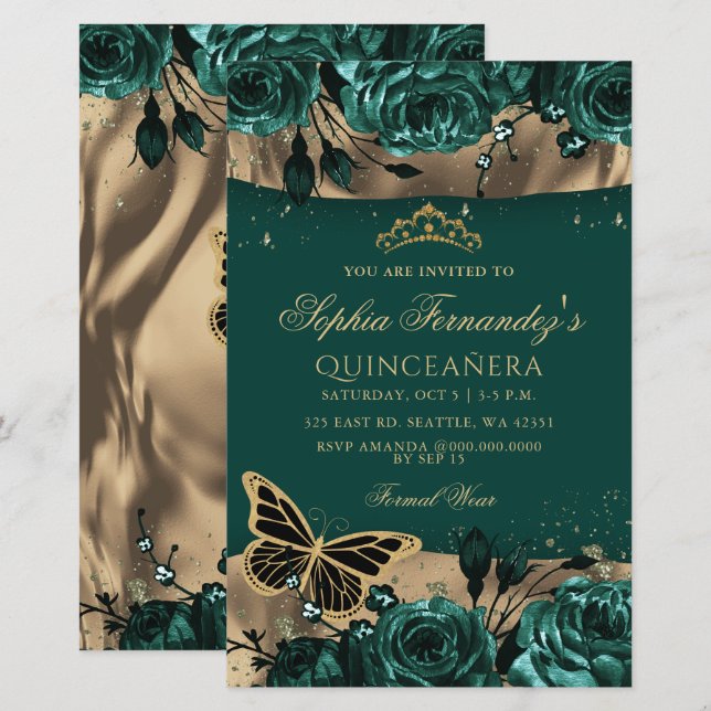 Budget Green Butterfly Quinceañera Invitation (Front/Back)