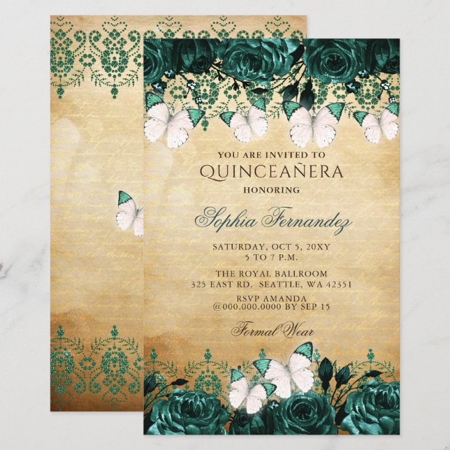 Budget Green Butterfly Quinceañera  Invitation (Front/Back)
