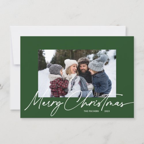 Budget Green Christmas Calligraphy Simple 3 Photo Holiday Card