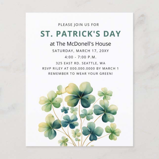 Budget Green Clover Shamrock St Patricks Invite (Front)