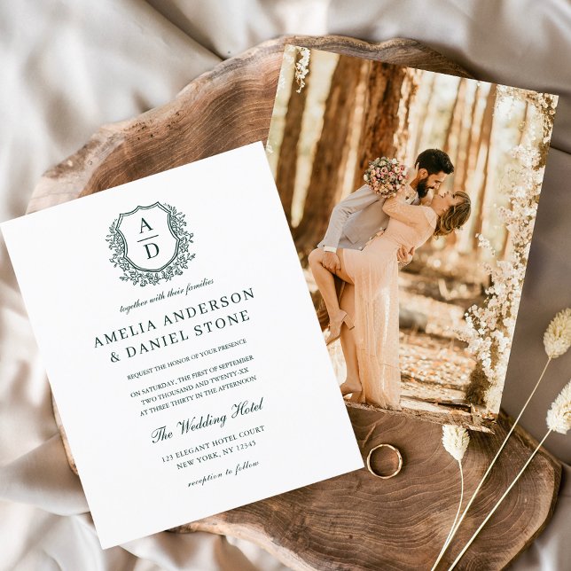 Budget Green Crest Monogram Wedding Invitation (Creator Uploaded)
