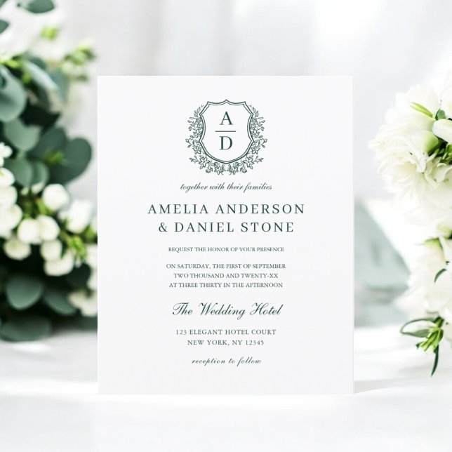 Budget Green Crest Monogram Wedding Invitation (Creator Uploaded)