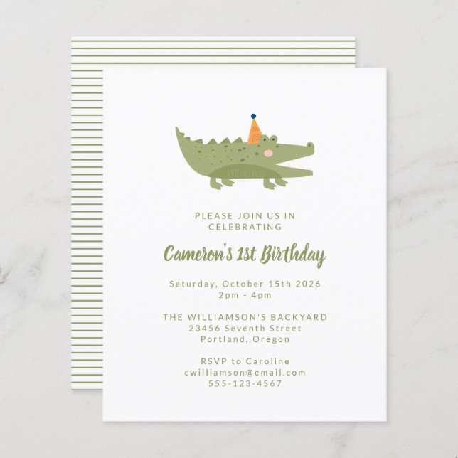 Budget Green Crocodile 1st Birthday Invitation (Front/Back)