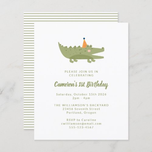 Budget Green Crocodile 1st Birthday Invitation