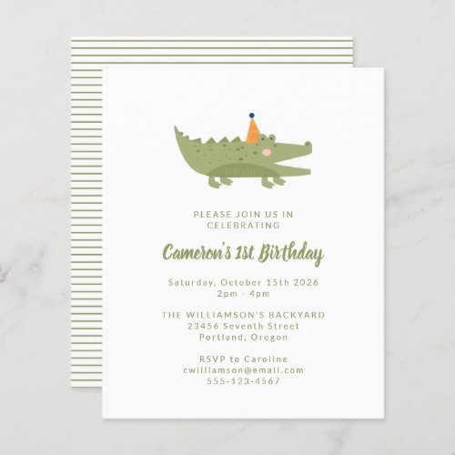 Budget Green Crocodile 1st Birthday Invitation