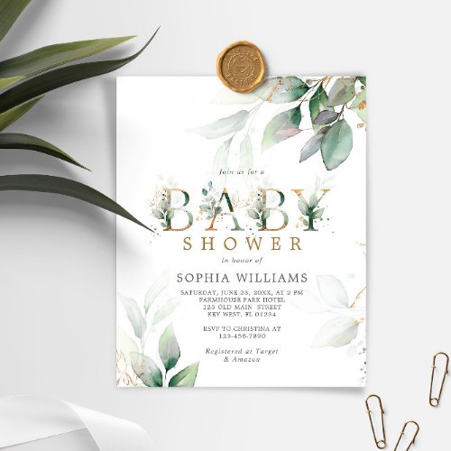 Budget Green Eucalyptus Baby Shower Invitation