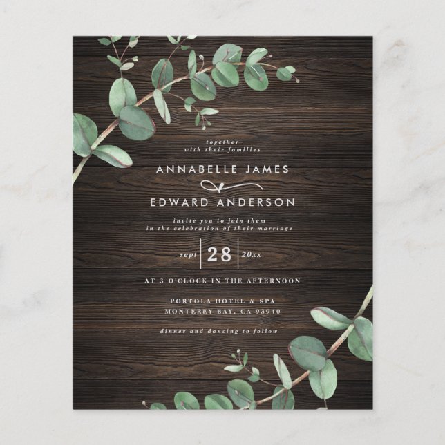budget green eucalyptus dark wood rustic wedding (Front)