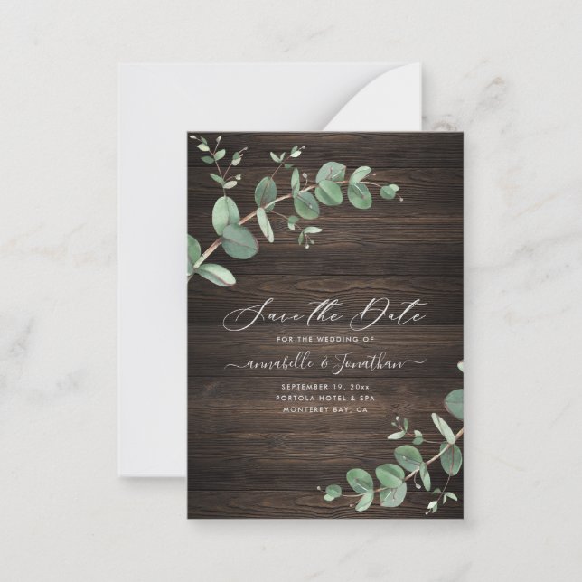 budget green Eucalyptus foliage rustic dark wood Note Card (Front)