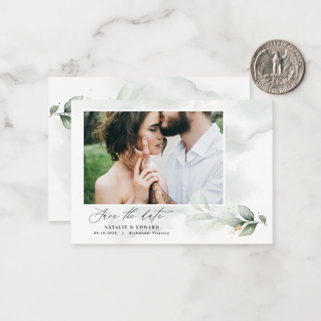 budget green eucalyptus wedding save the date note card (Front/Back In Situ)