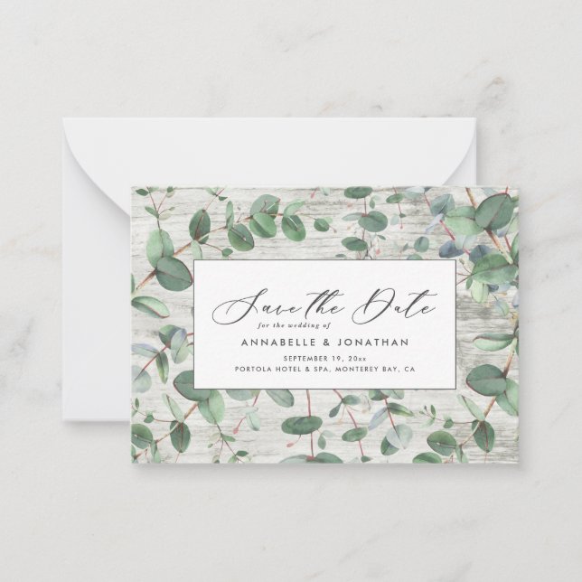 budget green Eucalyptus white wood Save The Date Note Card (Front)