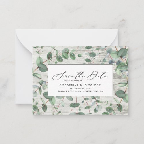 budget green Eucalyptus white wood Save The Date Note Card