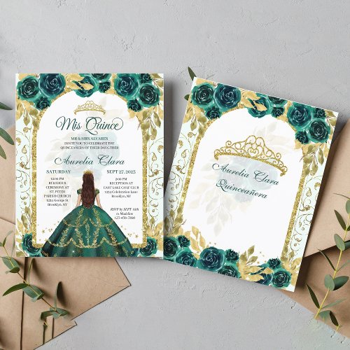 Budget Green Floral Princess Gold Arch Quinceanera