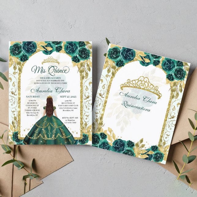 Budget Green Floral Princess Gold Arch Quinceanera (Creator Uploaded)