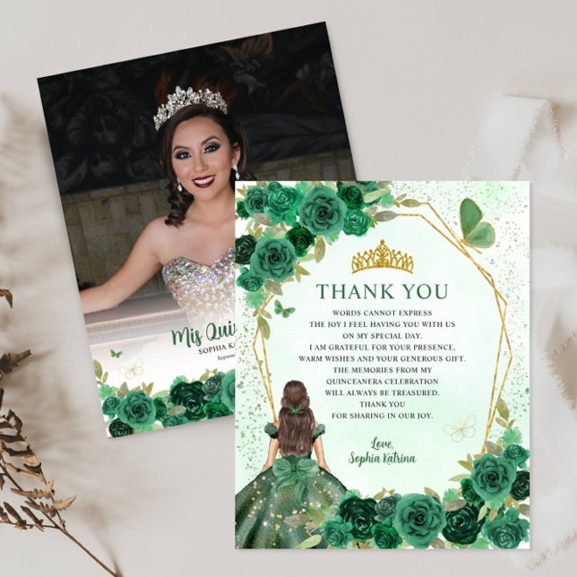 Budget Green Floral Quinceañera Photo Thank You (Creator Uploaded)