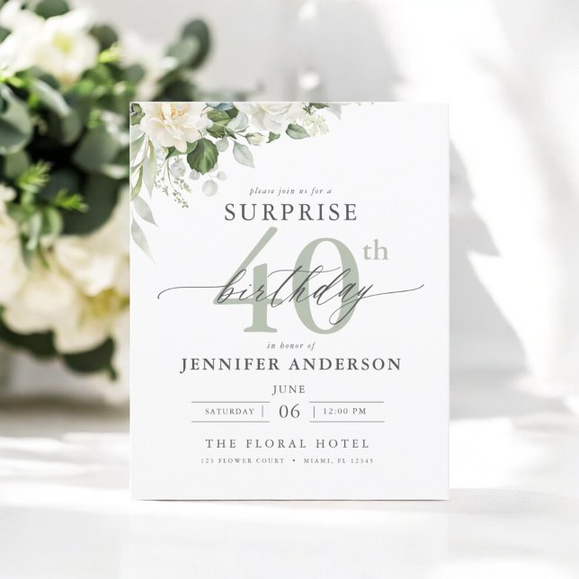 Budget Green Floral Surprise Birthday Invitations (Creator Uploaded)
