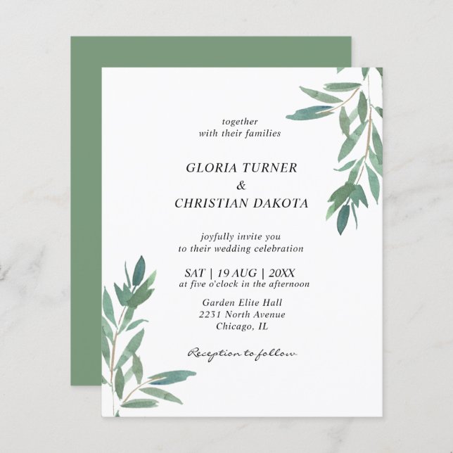 Budget Green Foliage Wedding Invitation (Front/Back)
