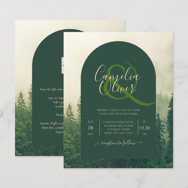 BUDGET Green Forest Pine Trees Wedding INVITE (Front/Back)