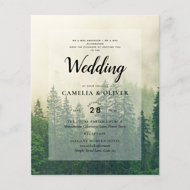 BUDGET Green Forest Pine Trees Wedding INVITE Flyer (Front)