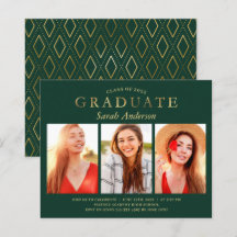 Budget Green Gold 3 Photo Graduation Invitation