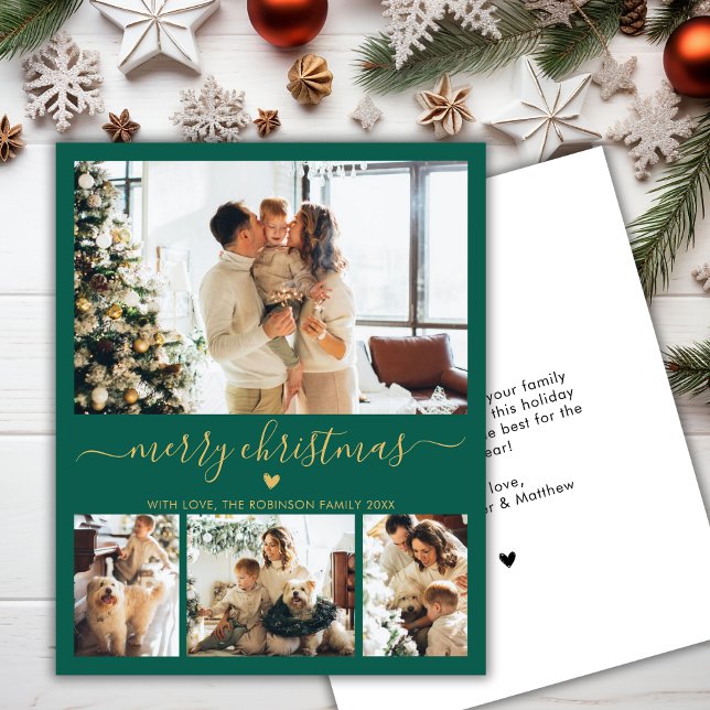 Budget Green Gold 4 Photo Collage Christmas Card (Creator Uploaded)