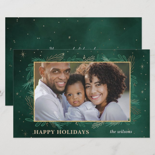Budget Green Gold Botanical Photo Holiday Card (Front/Back)