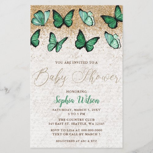 Budget Green Gold Butterfly Baby Shower Invitation