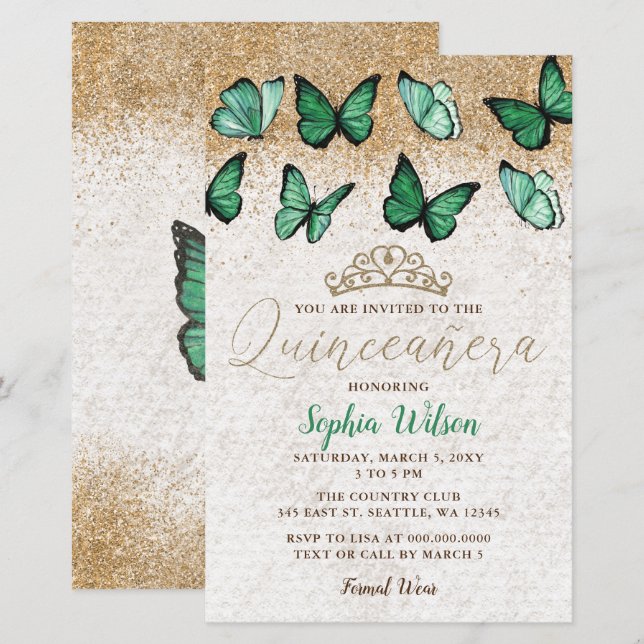 Budget Green Gold Butterfly Quinceañera Invitation (Front/Back)