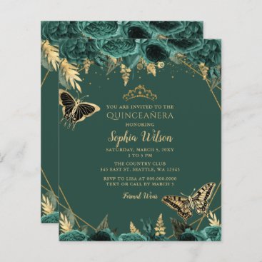 Budget Green Gold Butterfly Quinceañera Invitation