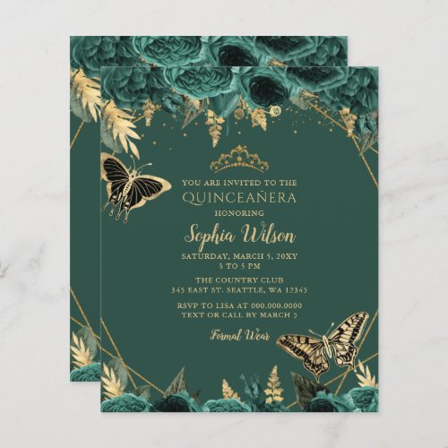 Budget Green Gold Butterfly Quinceaera Invitation