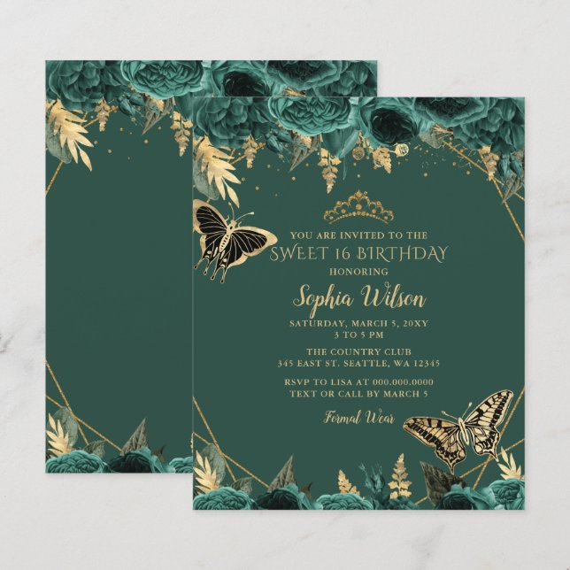 Budget Green Gold Butterfly Sweet 16 Invitation (Front/Back)