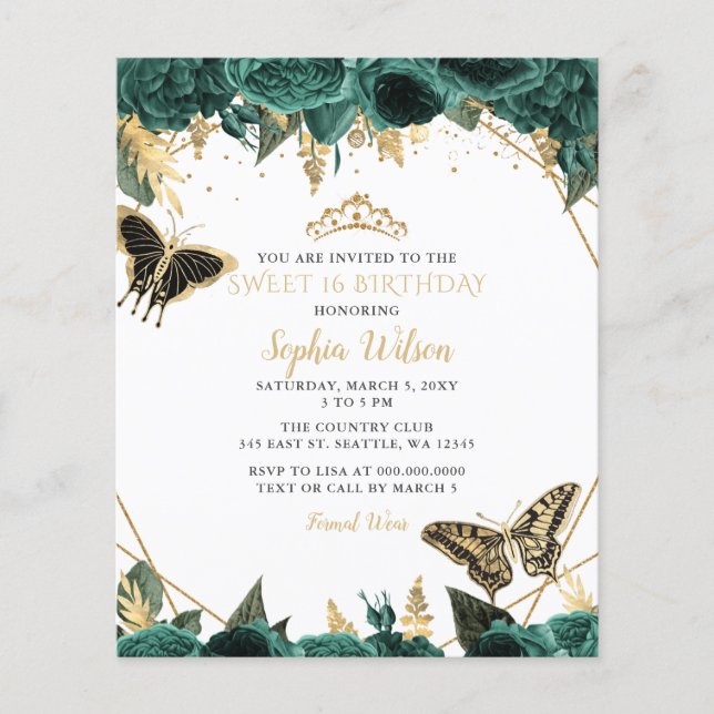 Budget Green Gold Butterfly Sweet 16 Invitation (Front)