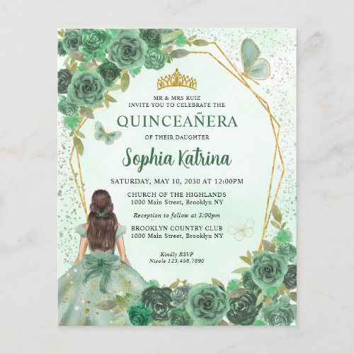 Budget Green Gold Chic Floral Princess Quinceaera