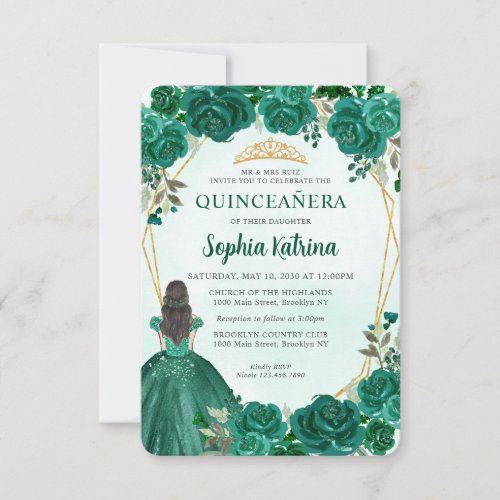 Budget Green Gold Chic Floral Princess Quinceaera Note Card