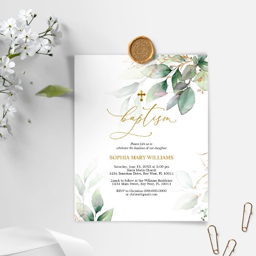 Budget Green  Gold Eucalyptus Baptism Invitation